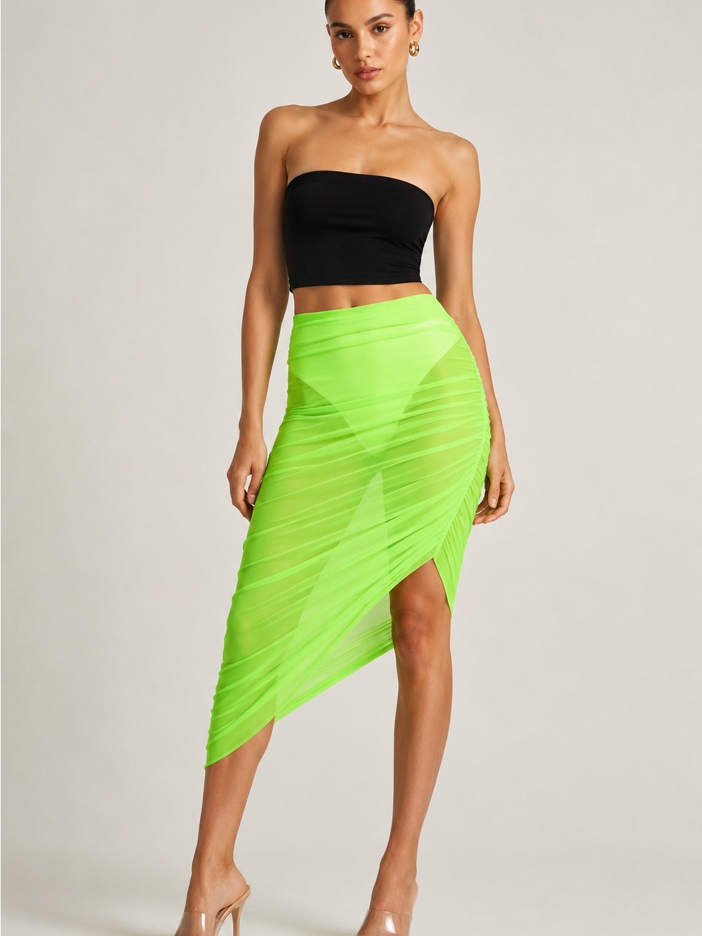 Norma Kamali Diana Long Skirt Neon Green Sheer Mesh Ruched XS NWT
